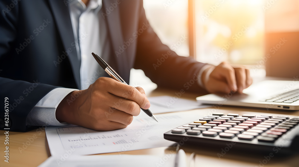 Poster financial data analyzing counting concept for businessman's hands with calculator and laptop on desk