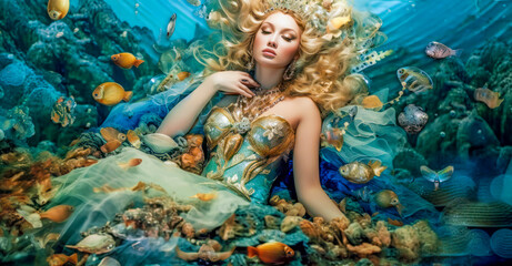 Blonde schöne Meerjungfrau mit goldenem Kostüm in ihrem Reich im Meer. Generative AI