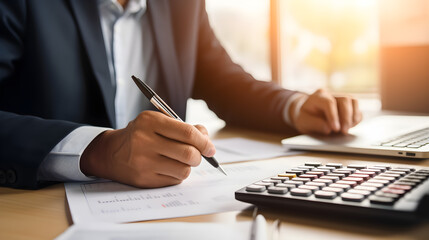 Fototapeta premium Financial data analyzing counting concept for Businessman's hands with calculator and laptop on desk in modern office. Generative AI