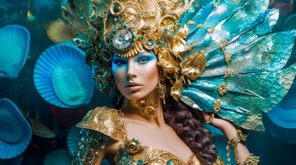 Blonde schöne Meerjungfrau mit goldenem Kostüm in ihrem Reich im Meer. Generative AI - obrazy, fototapety, plakaty