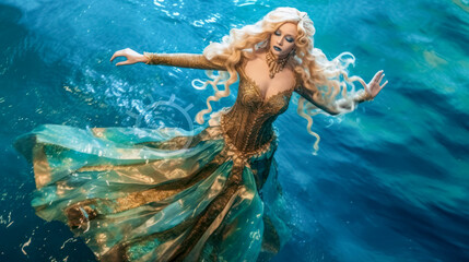 Blonde schöne Meerjungfrau mit goldenem Kostüm in ihrem Reich im Meer. Generative AI - obrazy, fototapety, plakaty