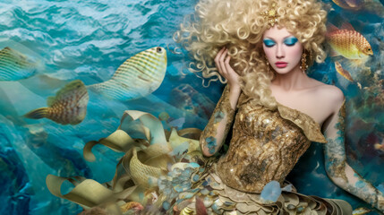 Obraz na płótnie Canvas Blonde schöne Meerjungfrau mit goldenem Kostüm in ihrem Reich im Meer. Generative AI