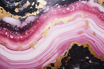 Ripples of pastel pink black agate background. Swirls of marble. Abstract fantasia with golden powder. Generated by AI.
