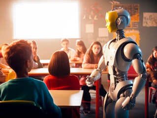 KI ersetzt Lehrer. Futuristischer Roboter, der in der Schule arbeitet und als Vertretungslehrer im Klassenzimmer unterrichtet, Generative AI - 623167466