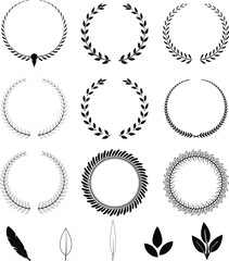 Set of vector laurel patterns, with leaves of different shapes and feathers. Used in logo design or as a design element.