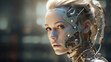The captivating image of an android  young woman's head showcases the beauty of artificial skin and the strength of metallic features.