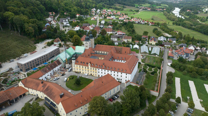 Aerial view Plankstetten with Benedictine Abbey, Plankstetten, Berching, Bavaria, Germany,