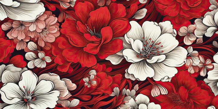AI Generated. AI Generative. Red asian chinese japanese traditional vintage retro classic flowers. Background graphic pattern background decoration. Graphic Art