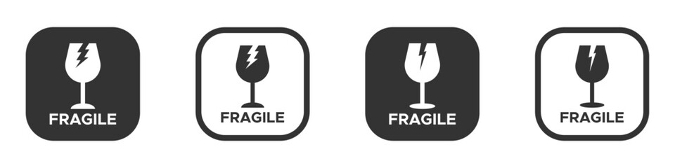 Fragile label vector symbols set. Broken glass black vector icons for packaging
