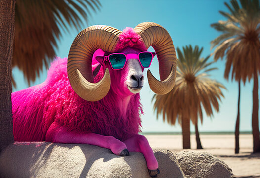 A pink ram with huge horns and sunglasses is resting on the sea coast. AI Generated