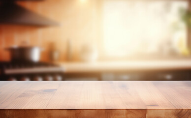 Beautiful empty brown wooden table top and blurred defocused modern kitchen interior background with daylight flare, product montage display,banner. gen ai