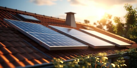 AI Generated. AI Generative. Solar panel at grass outdoor nature sunset sun landscape. Alternative eco power energy electricity. Graphic Art