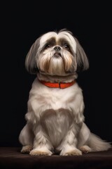 Studio shot of a pedigree Shih-Tzu dog with a dark backdrop.