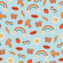 Abstract groovy hippie seamless patterns. Colorful outline elements on blue background in trendy retro style. 