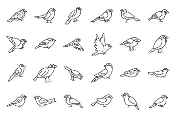Sparrow icons set outline vector. Fly bird. House tree