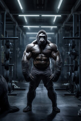 Fototapeta na wymiar fit Gorilla standing at the gym, Strong and Striking Gorilla Flexing at the Gym, generative AI
