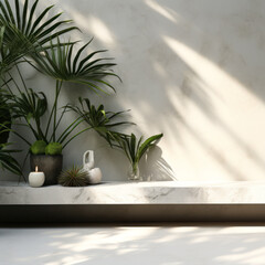 Elegant Simplicity: White Marble Counter Balanced by Lush Tropical Palm Tree Leaf Against Gray Concrete Wall for Luxury Product Display