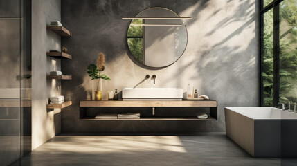 Urban Chic Bathroom Inspiration: Polished Concrete Meets White Marble Splendor interior design background 3D