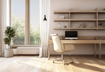 Beige Desk, Computer, Leather Chair, Air Multiplier Fan, Sunlit Parquet, Cream Wall - 3D Interior Design Background