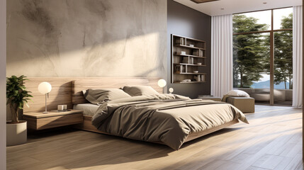 Ultimate Serenity: A Chic Beige Bedroom with Sleek Wood Furnishings and Natural Lighting Elements