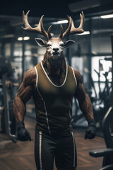 fit Deer standing at the gym, Fitness-inspired deer at the gym, Strong and poised in their pursuit, generative AI