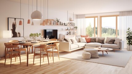 Fototapeta na wymiar Contemporary house design concept living room showflat beautiful home interior decorative ideas room with ambient light combone with nature window light earth tone colour scheme ,ai generate