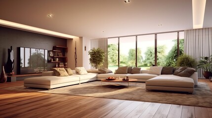 Fototapeta premium Contemporary house design concept living room showflat beautiful home interior decorative ideas room with ambient light combone with nature window light earth tone colour scheme ,ai generate