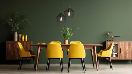 beautiful dining area home design interior background concept theme of green and yellow clour scheme,ai generate