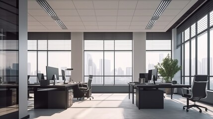 Daytime office space with row of working office table and work station unit modern interior office design,Generative AI