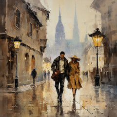 Couple Walking Down Beautiful European City Street, Ultra-High Resolution Painting