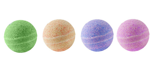 Variety of colourful aromatic bath bombs isolated on white background. Sea salt as a bath bomb for aromatherapy beauty spa treatment.