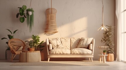 Boho style interior with gray sofa and armchair on cream color wall. Generative AI.