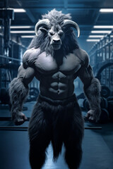 fit Buffalo standing at the gym, Muscular Buffalo flexing its power at the gym, generative AI