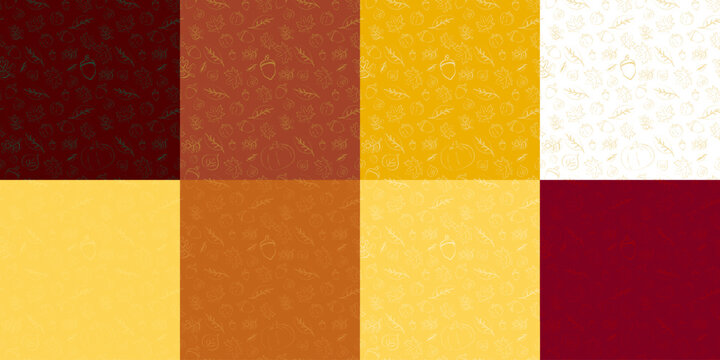 8 seamless repeating seasonal patterns. Set of Autumn hand-drawn patterns on assorted fall colors. Falling leaves, maple leaves, acorn, pumpkin. Fall pattern vector illustration. EPS 10.