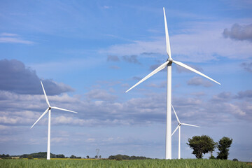 Groupe d'éoliennes sur un champ de tournesols