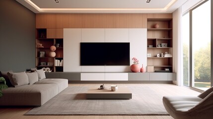 Living room with cabinet for TV in two tone color wall, minimalist muji style. Generative AI.