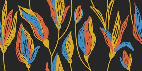 Seamless modern pattern with tropical flowers. Exotic colorful floral pattern with colorful tulips on black background. Hand drawn collage with leaves, branches, flowers. Freehand illustration