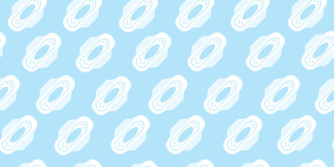 Seamless pattern with sanitary pad on blue background. Feminine hygiene. Personal hygiene item for menstruation. Texture with female pad. Vector illustration with sanitary napkin