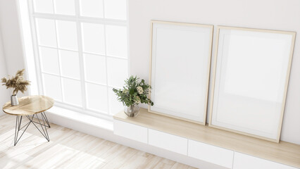 Empty space living room interior window, table counter, book, flower vase mock-up poster frame, natural light, product 3Drender.