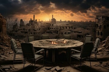 Empty Round Table: Symbol of Apocalypse and Destruction of World's Powerful - obrazy, fototapety, plakaty