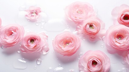 Beautiful pink ranunculus in water surface on white background. Top view. Gentle pastel flowers. 