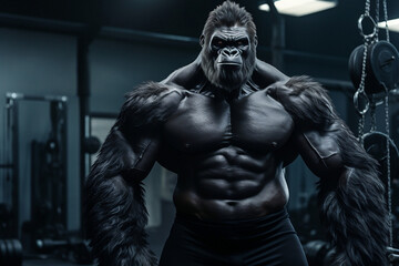 Fototapeta na wymiar fit Gorilla standing at the gym, Powerful Gorilla Working Out at the Gym, generative AI