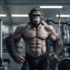 Fototapeta na wymiar fit Chimpanzee standing at the gym, Muscular Chimpanzee flexing in the gym, generative AI