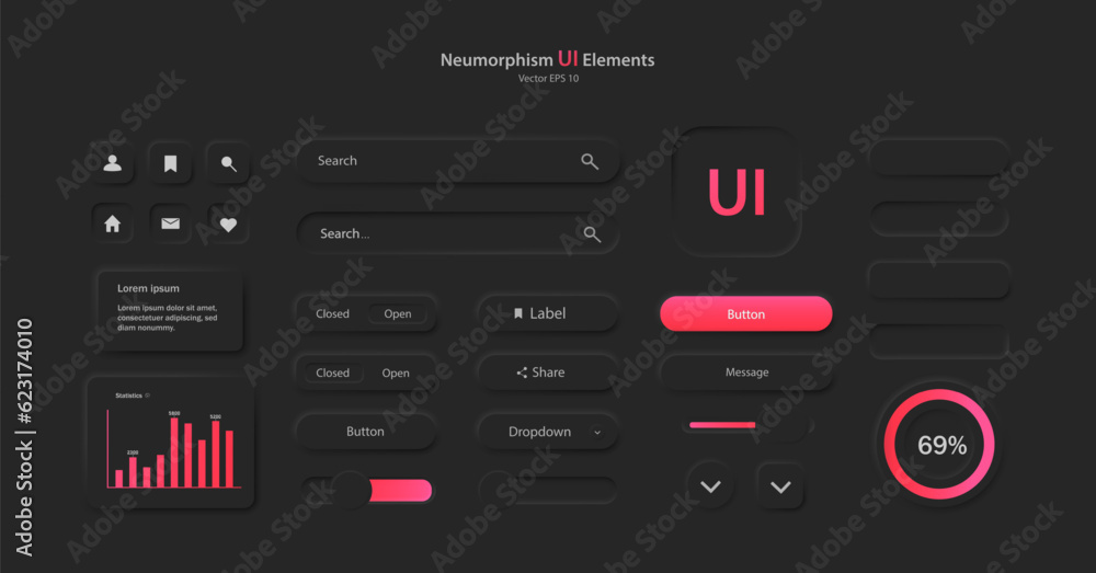 Poster a set of user interface elements for a mobile application in black and pink. buttons for mobile devi