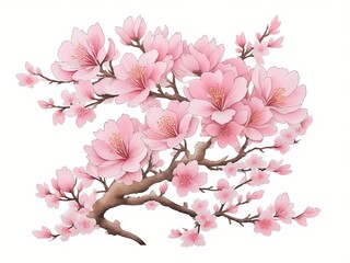 Sakura blossom branch with flowers. Isolated illustration of  Japanese pink cherry or apricot floral elements fall down vector background. Cherry blossom branch, flower petal illustration 