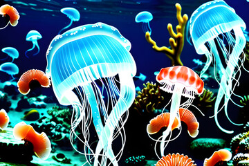 Cute Jellyfish Riding in the Sea. Generative ai