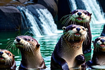 cute sea otters gathered by the water. Generative ai