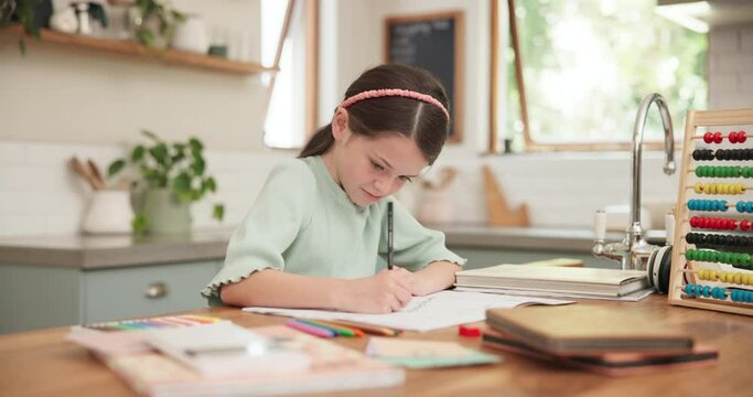 Drawing, writing and girl child with homework at a home table for education and learning. Young school kid or student with a pencil for math or creative project for development with study and abacus