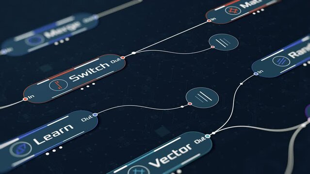 Node system, neural network model, machine learning, programming ai, big data flow, software development (3d render)