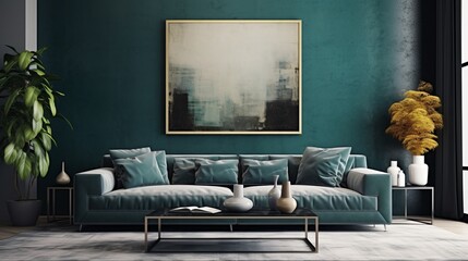 home interior showflat room mock up beautiful contemporary sofa with decorative poster on the wall background daylight house beautiful concept,ai generate